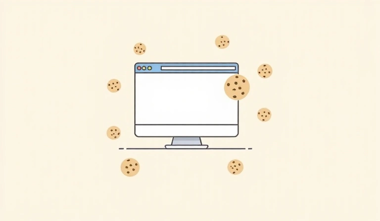 Ilustrație cu un browser web și iconițe de cookie-uri